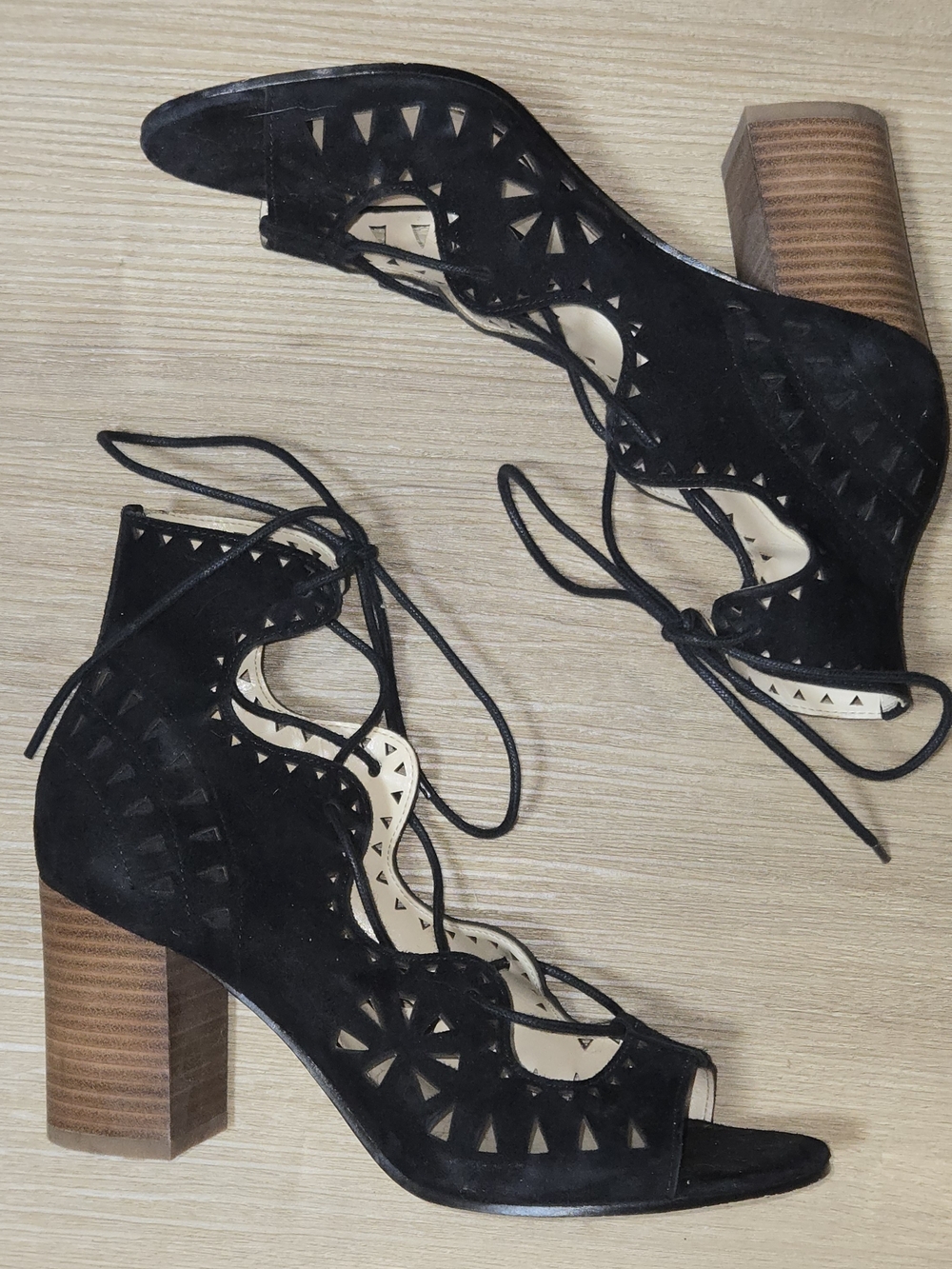 Nine West Black Suede Cutout Lace-Up Block Heel Boots